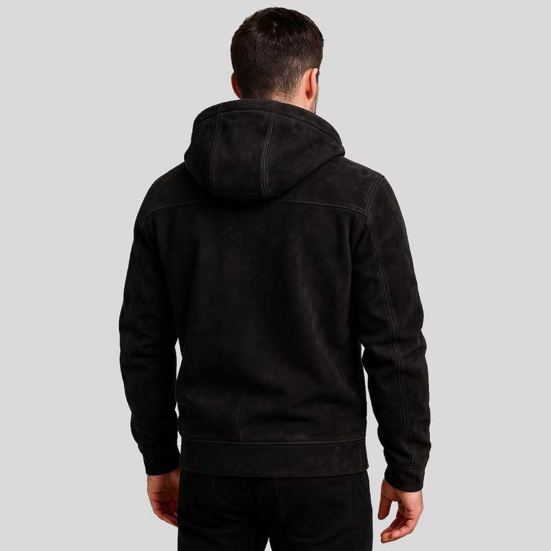 Black Suede Leather Hoodie Jacket
