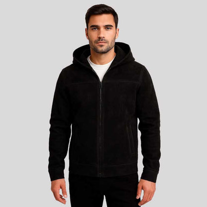 Black Suede Leather Hoodie Jacket