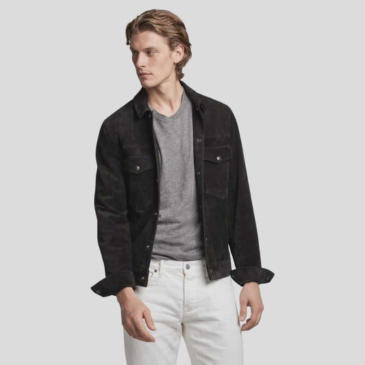 Black Suede Leather Overshirt Jacket - 3amoto shop