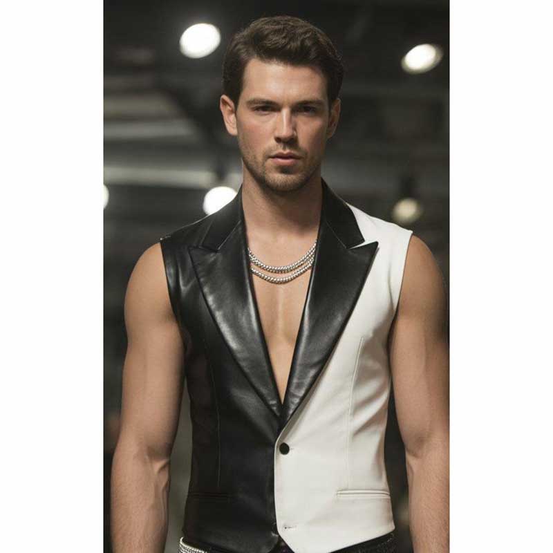 Men’s Black White Leather Biker Vest Waistcoat