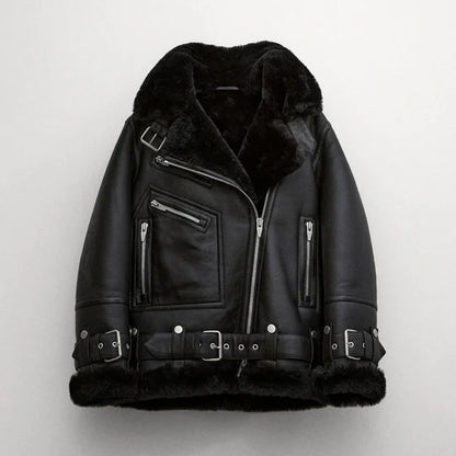 Black Women's Shearling Leather Jacket - B3 RAF Aviator Style