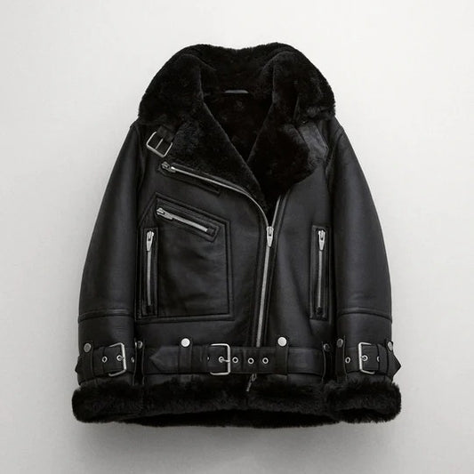 Black Women's Shearling Leather Jacket - B3 RAF Aviator Style - 3amoto shop