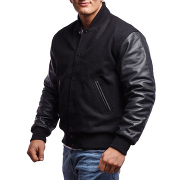 Customized Varsity Jacket Men in Black Wool & White Leather 