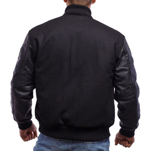 Black Wool Body and Leather Sleeves Letterman Jacket