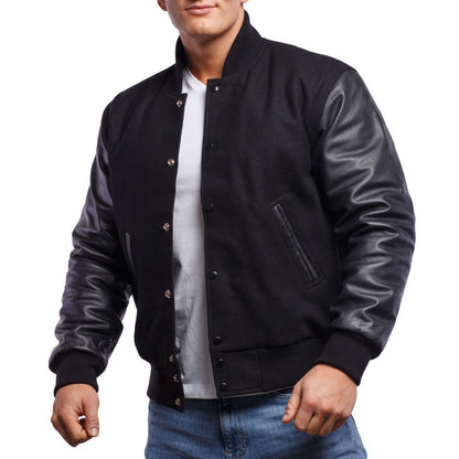 Black Wool Body and Leather Sleeves Letterman Jacket