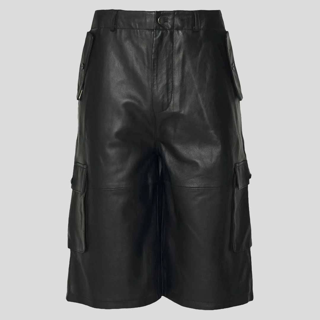 Premium Black Lambskin Leather Short with Functional Pocket