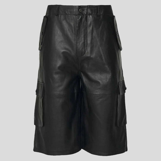 Premium Black Lambskin Leather Short with Functional Pocket - 3amoto shop