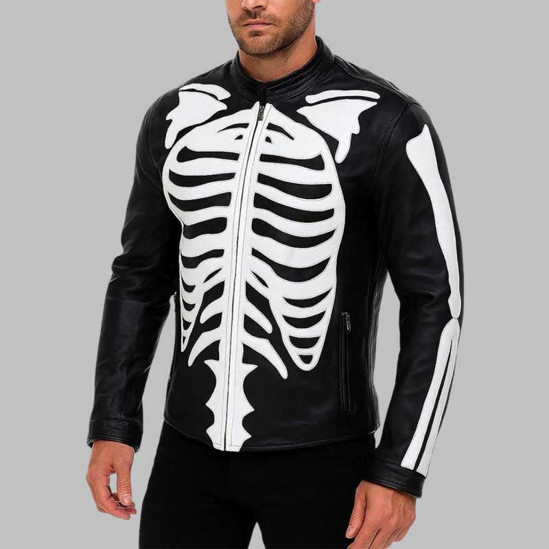 black skeleton bone leather jacket for men