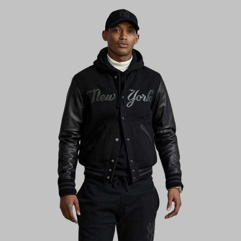 black varsity bomber jacket with wool body