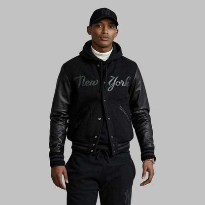 black varsity bomber jacket with wool body