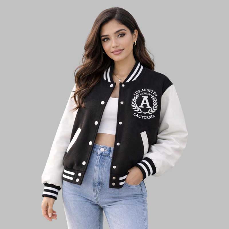 black white varsity bomber jacket for women