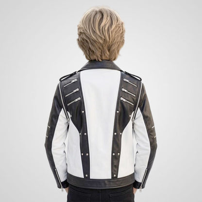Boys premium real leather biker jacket with contrast panels