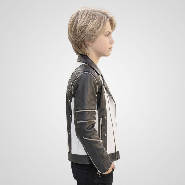 Black and white leather jacket for boys with zipper details