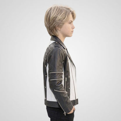 Black and white leather jacket for boys with zipper details