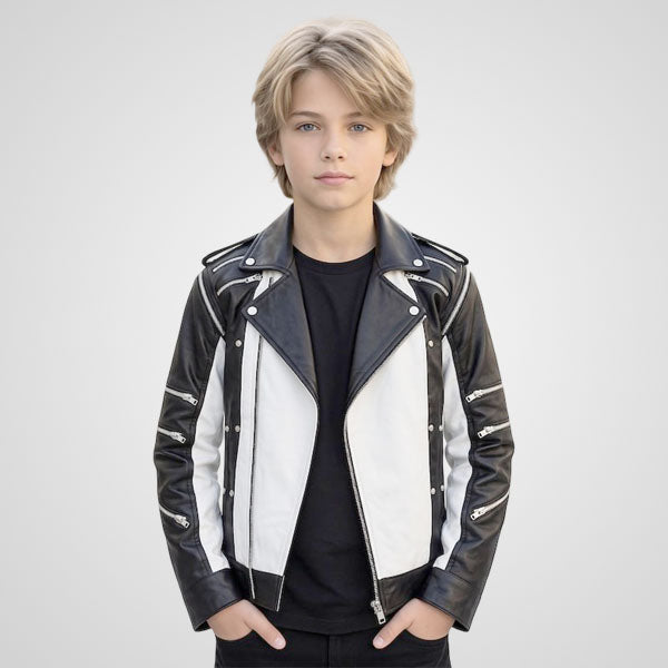 Boys black and white leather biker jacket in retro pop style