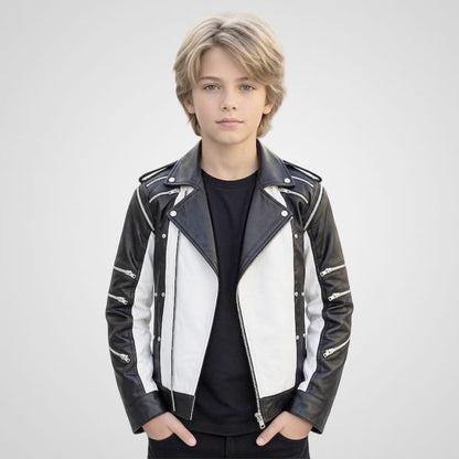 Boys black and white leather biker jacket in retro pop style
