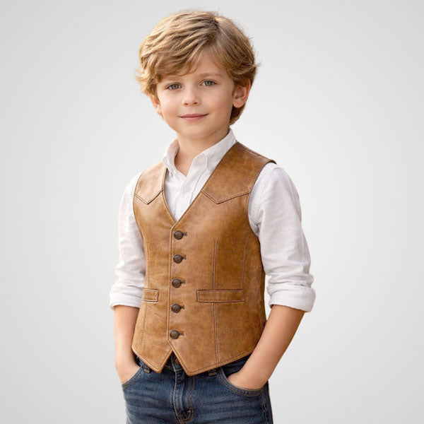 Boys genuine leather vest in rustic Western cowboy style