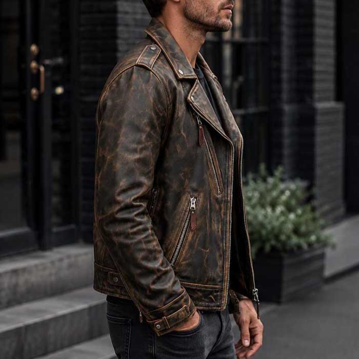 Genuine motorcycle leather jacket in distressed brown and black finish