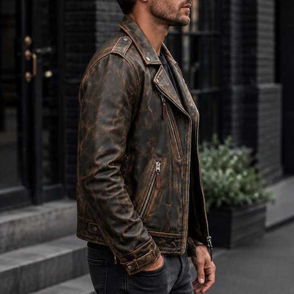 Genuine motorcycle leather jacket in distressed brown and black finish