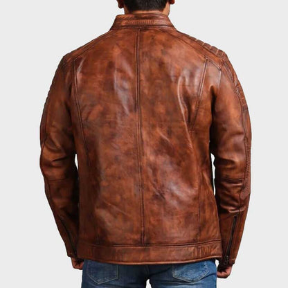 Back view of mens distressed brown cowhide leather cafe racer jacket