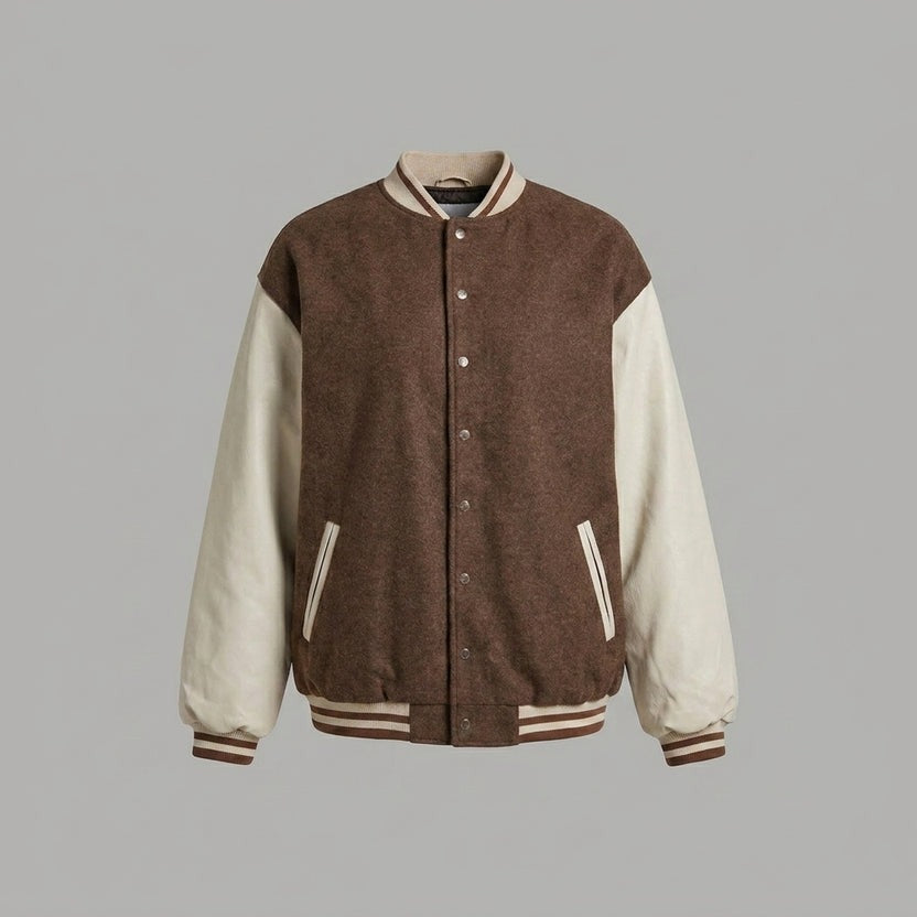 Brown and cream women's varsity jacket by 3AMOTO