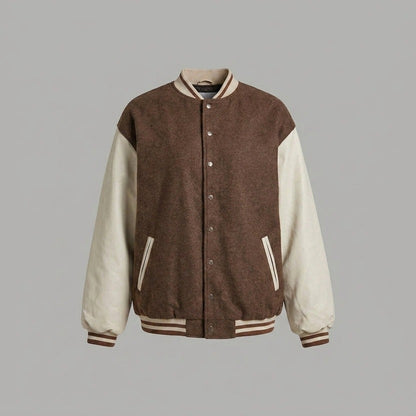 Brown and cream women's varsity jacket by 3AMOTO