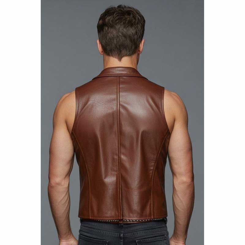 Men’s Brown Faux Leather Biker Vest Sleeveless Jacket