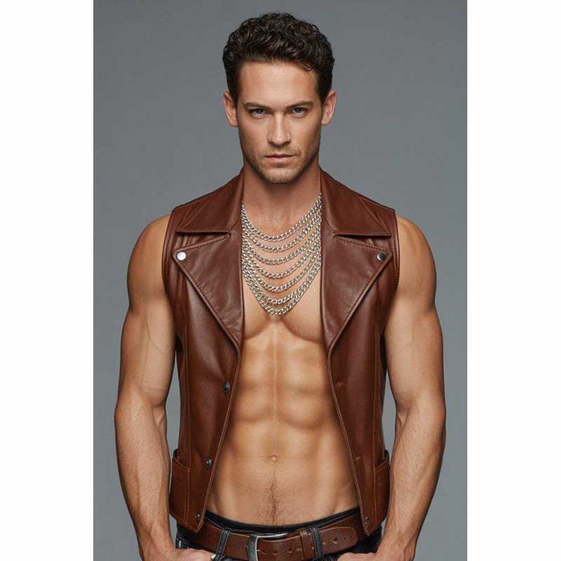 Men’s Brown Faux Leather Biker Vest Sleeveless Jacket