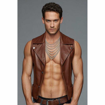Men’s Brown Faux Leather Biker Vest Sleeveless Jacket