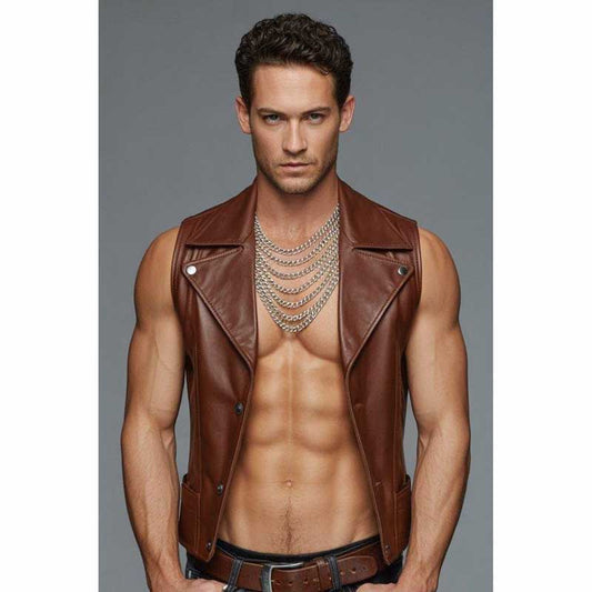 Men’s Brown Faux Leather Biker Vest Sleeveless Jacket - 3amoto shop