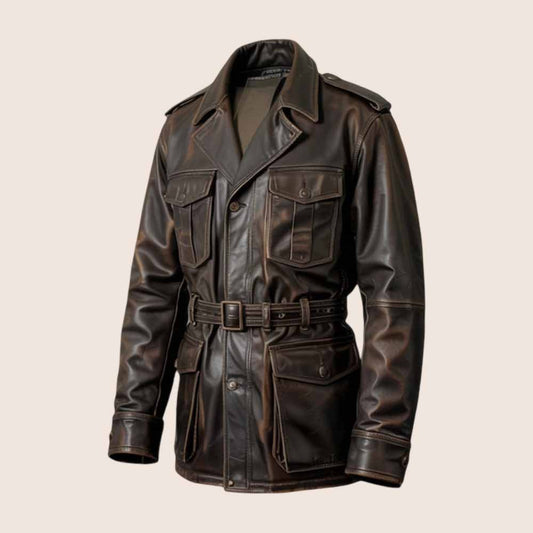 Brown Hard Leather for Vintage Military Style Safari Coat - 3amoto shop
