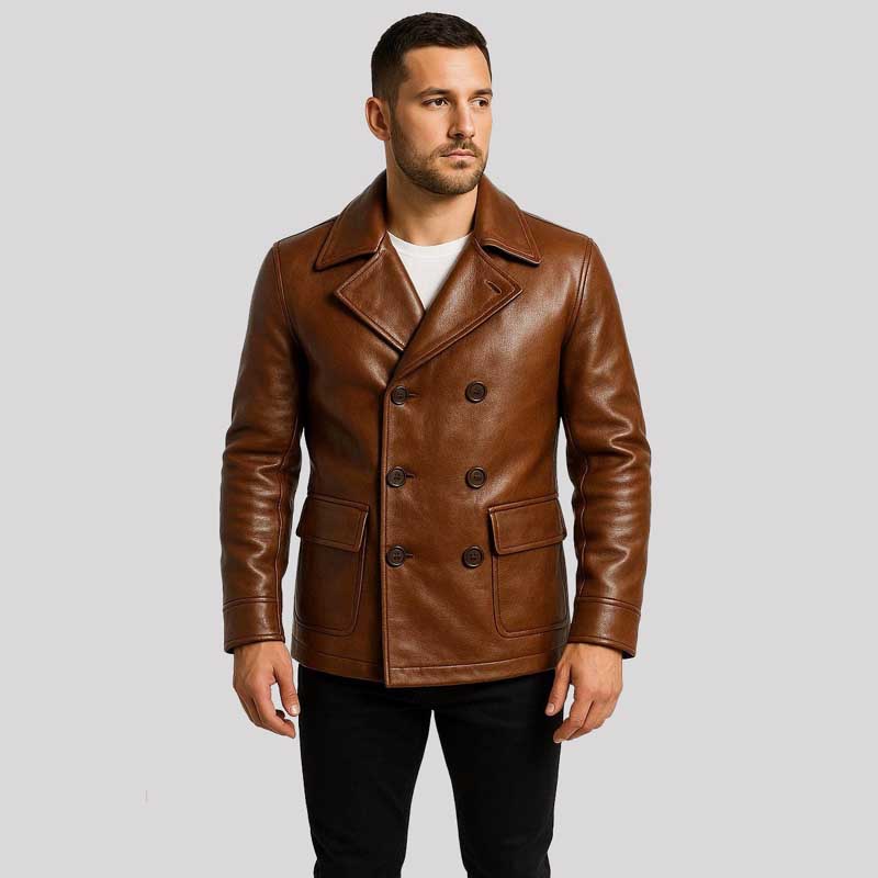 Brown Sheepskin Leather Slim Fit Peacoat