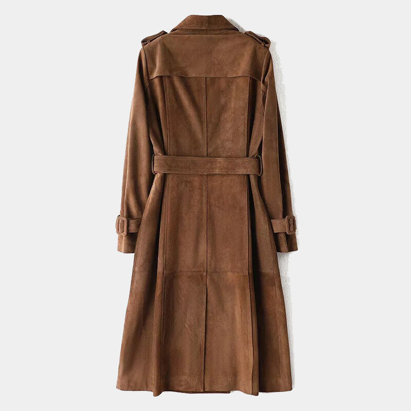 Brown Suede Goatskin Long Biker Trench Coat for Women - 3amoto