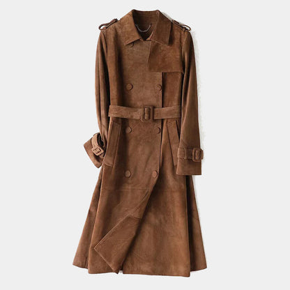 Brown Suede Goatskin Long Biker Trench Coat for Women - 3amoto