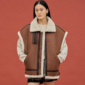Brown Women's Sheepskin Shearling Aviator Leather Vest