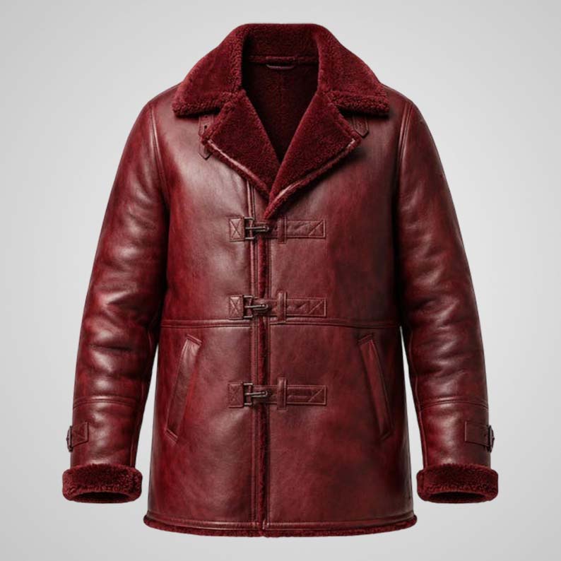 Men's burgundy leather biker jacket with faux fur lining