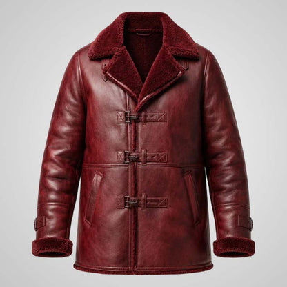 Men's burgundy leather biker jacket with faux fur lining