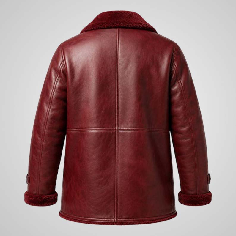 Burgundy sheep leather winter coat with wide collar