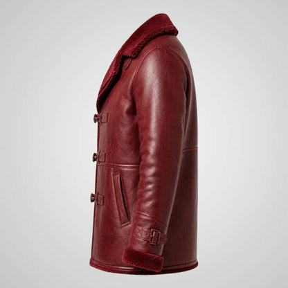 Burgundy leather shearling biker coat for men