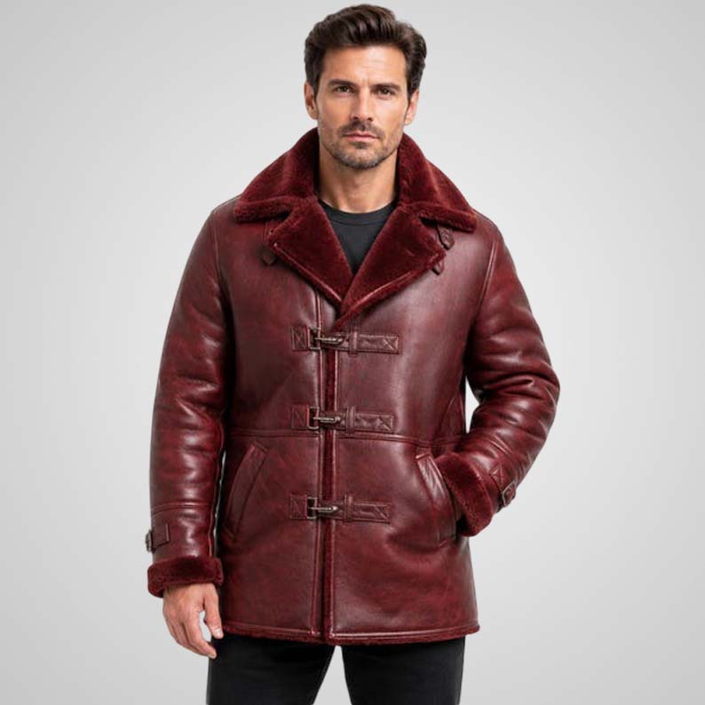 Burgundy leather shearling coat with buckle-front closure