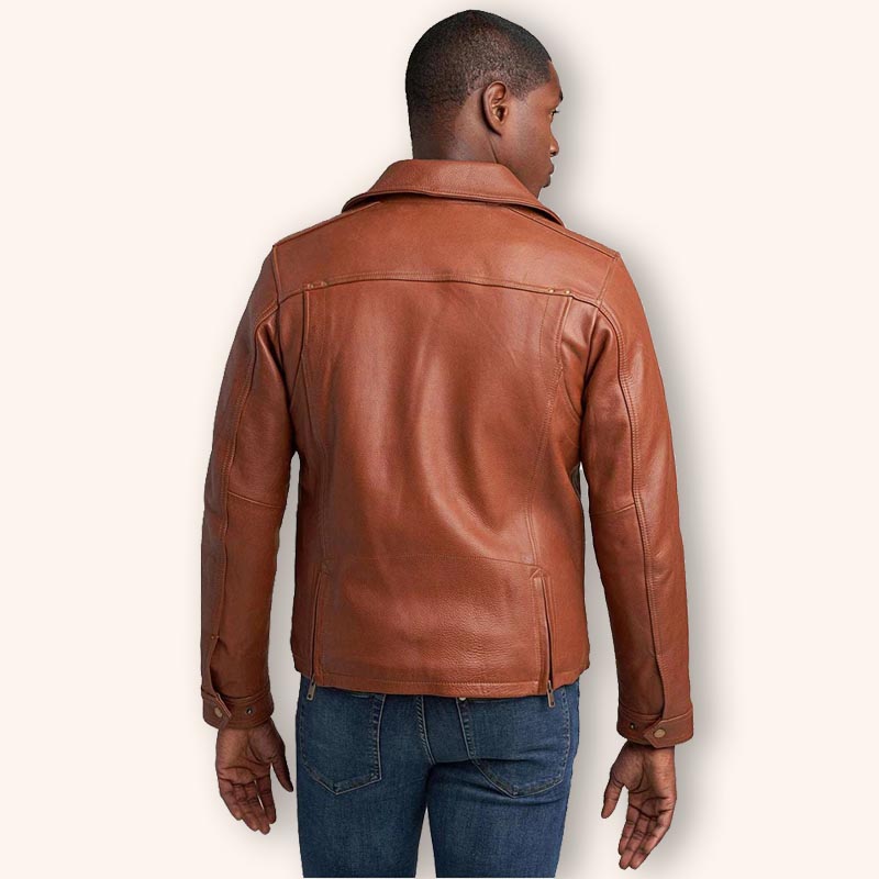 Men's Tan Brown Leather Biker Jacket - 3amoto