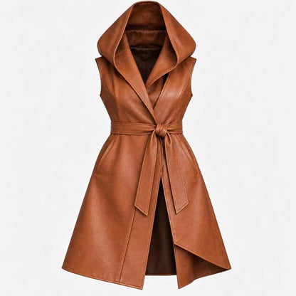 Long caramel brown A-line leather-look vest for women