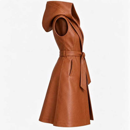 Hooded sleeveless brown leather fashion vest with side pockets