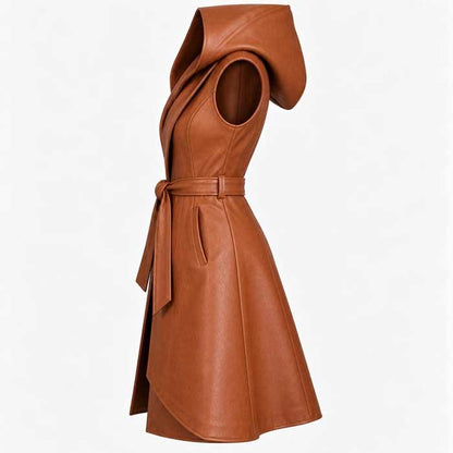 Women's long caramel brown leather vest for seasonal layering