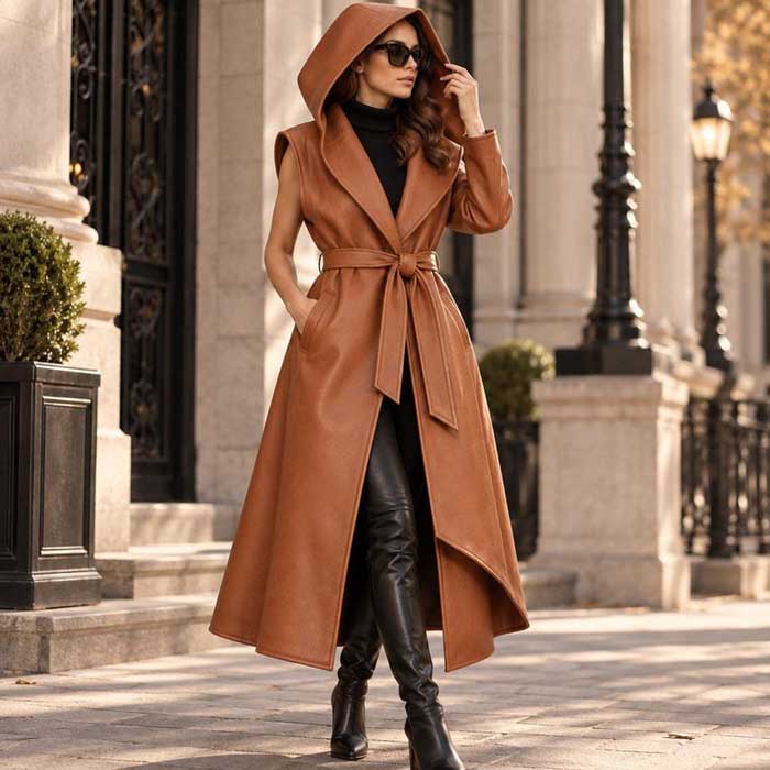 Women's caramel brown hooded belted leather coat vest front view