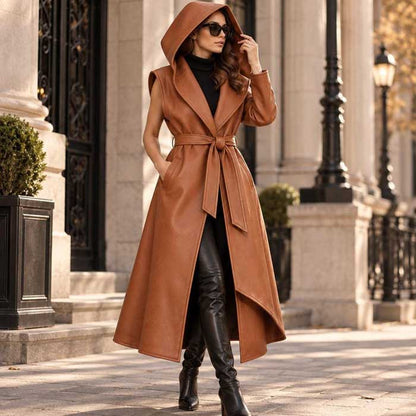 Women's caramel brown hooded belted leather coat vest front view