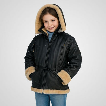 Children's Hooded Leather Coat - Shearling Lined Winter Jacket