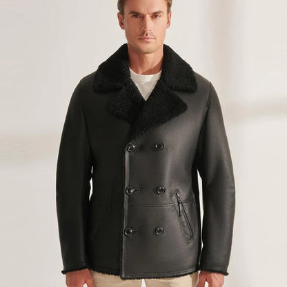 Classic Black Sheepskin Shearling Aviator Long Jacket Coat