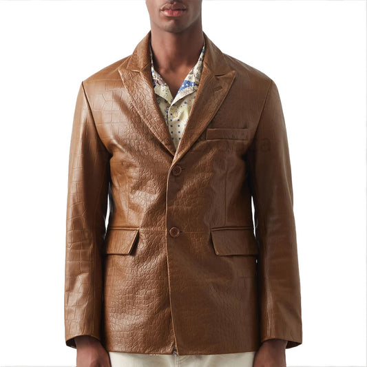 Classic Brown Croc Embossed Leather Blazer - Fashion Leather Jackets USA - 3AMOTO