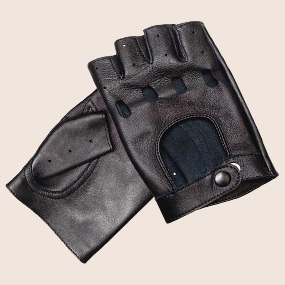 Handmade Black Leather Fingerless Driving Gloves for Men and Women